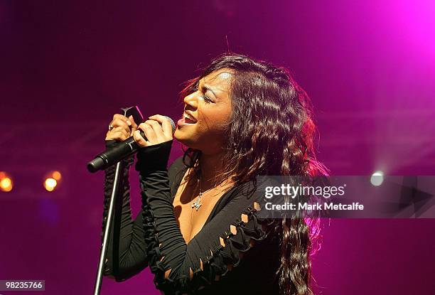 Jessica Mauboy performs on stage during Day 4 of Bluesfest 2010 at Tyagarah Tea Tree Farm on April 4, 2010 in Byron Bay, Australia.