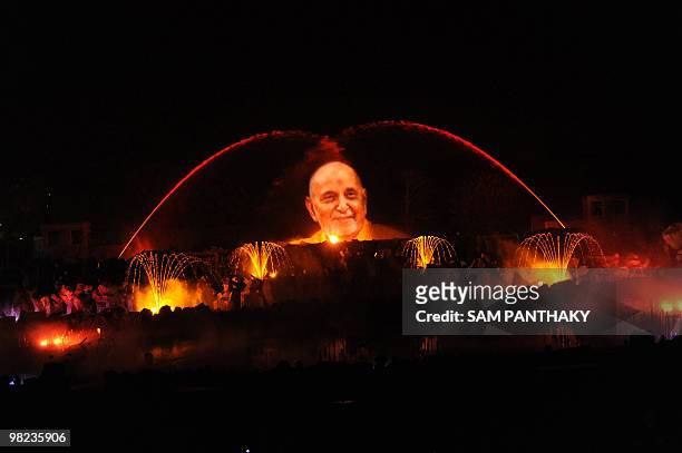 Picture of Bochasanwasi Shri Akshar-Purshottam Swaminarayan Sansthan's - HDH Pramukh Swami Maharaj is projected at Akshardham in Gandhinagar, some...