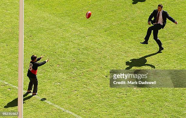 Matthew Lloyd kicks his 300th goal at Etihad Stadium as part of a tribute for the retired captain, before the round two AFL match between the...