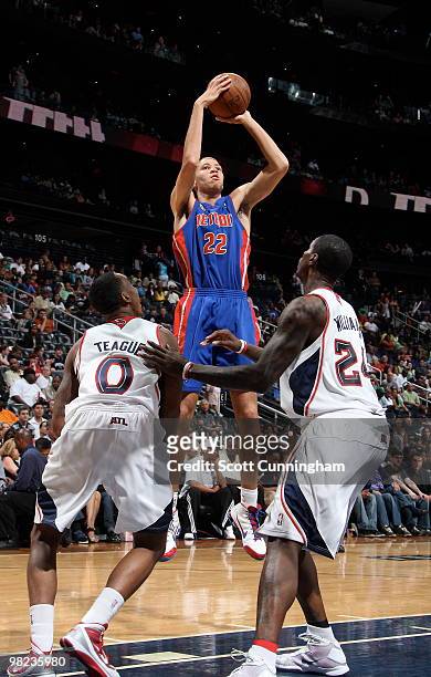 Tayshaun Prince of the Atlanta Hawks puts up a shot against the Detroit Pistons on April 3, 2010 at Philips Arena in Atlanta, Georgia. NOTE TO USER:...