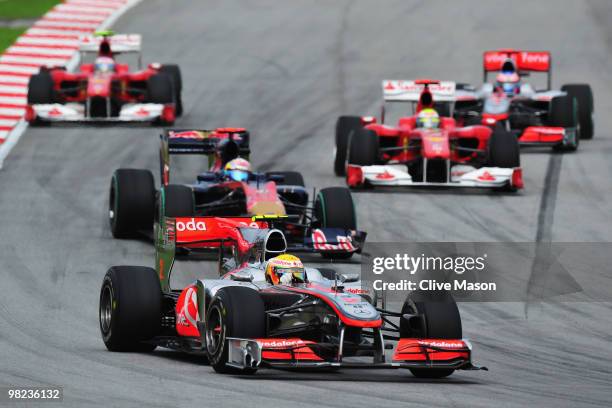 Lewis Hamilton of Great Britain and McLaren Mercedes drives during the Malaysian Formula One Grand Prix at the Sepang Circuit on April 4, 2010 in...