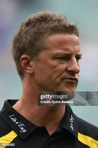 Damien Hardwick the coach of the Tigers looks on during the round two AFL match between the Richmond Tigers and the Western Bulldogs at the Melbourne...