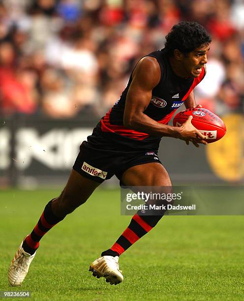 Alwyn Davey of the Bombers looks for a teammate during the round two AFL match between the Essendon Bombers and the Fremantle Dockers at Etihad...