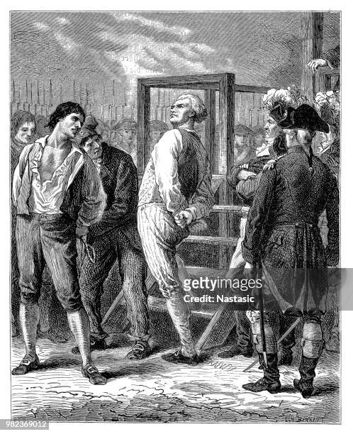 georges jacques danton (1759 - 1794) (center) as he defiantly looks over the crowd as he climbs the steps to his execution by guillotine for conspiracy to overthrow the government during the french revolution, paris, france, april 5, 1794 - guillotine stock illustrations