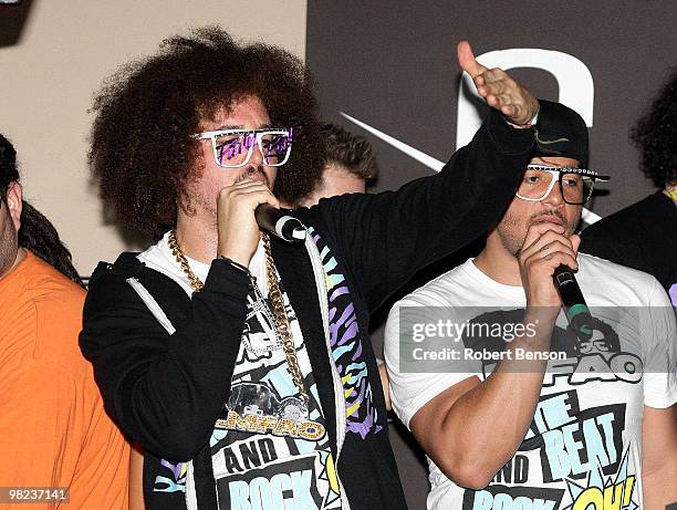 Stefan "Redfoo" Gordy with the band LMFAO of the Black Eyed Peas performs at the Bacardi Official After Party at Stingaree on April 3, 2010 in San...