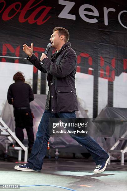 Ryan Seacrest onstage hosts day 2 of the free NCAA 2010 Big Dance Concert Series at White River State Park on April 3, 2010 in Indianapolis, Indiana.