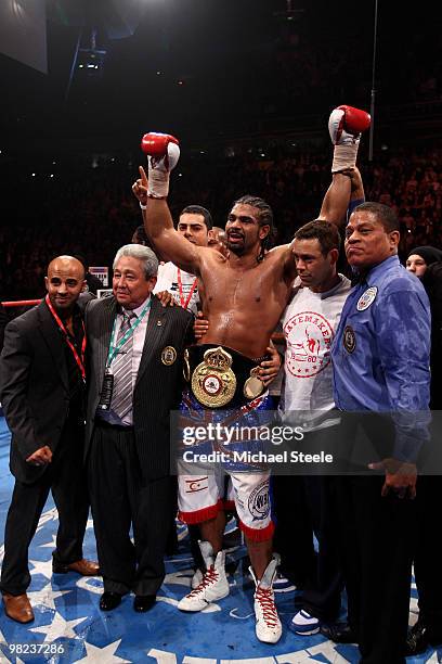 David Haye of England celebrates his 9th round victory against John Ruiz of USA during the World Heavyweight Bout at the MEN Arena on April 3, 2010...