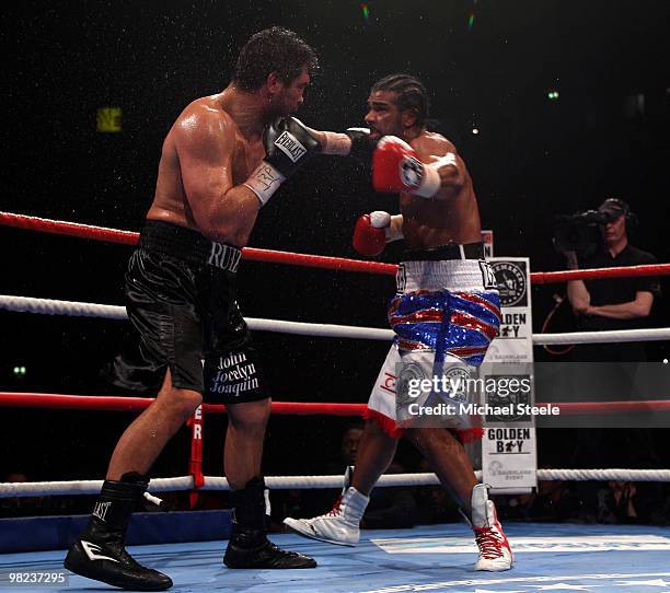 David Haye of England and John Ruiz of USA exchange punches during the World Heavyweight Bout at the MEN Arena on April 3, 2010 in Manchester,...