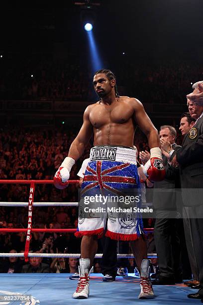 David Haye of England is introduced to the crowd before fighting John Ruiz of USA during the World Heavyweight Bout at the MEN Arena on April 3, 2010...