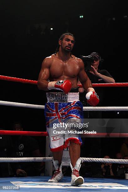 David Haye of England waits in a neutral corner after flooring John Ruiz of USA during the World Heavyweight Bout at the MEN Arena on April 3, 2010...