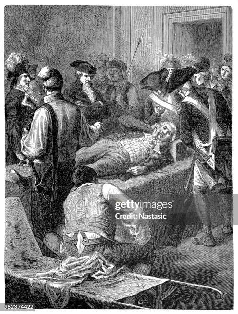 the wounded maximilien robespierre at the committee of public safety awaiting his execution, 1794 - wounded stock illustrations