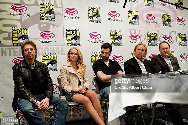 Producer Jerry Bruckheimer, Actress Teresa Palmer, Actor Jay Baruchel, Actor Nicolas Cage and Director Jon Turteltaub attends "The Sorcerer's...