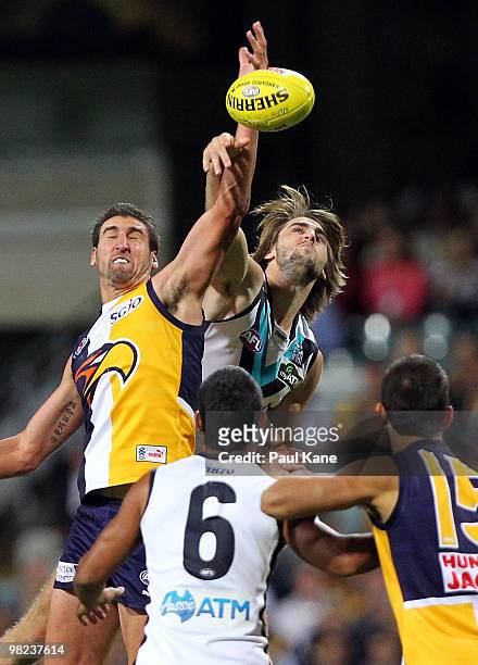 Dean Cox of the Eagles and Justin Westhoff of the Power contest the ruck during the round two AFL match between the West Coast Eagles and Port...