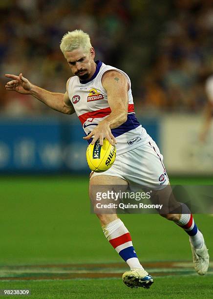 Jason Akermanis of the Bulldogs kicks during the round two AFL match between the Richmond Tigers and the Western Bulldogs at the Melbourne Cricket...