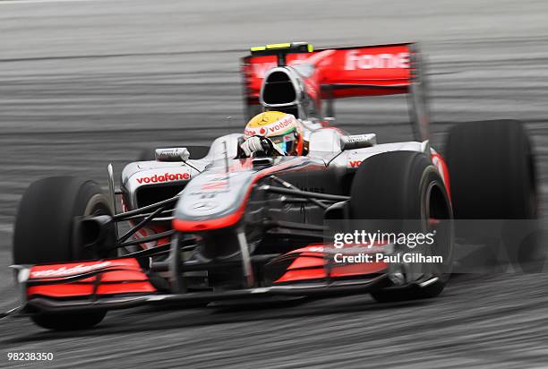 Lewis Hamilton of Great Britain and McLaren Mercedes drives during the Malaysian Formula One Grand Prix at the Sepang Circuit on April 4, 2010 in...