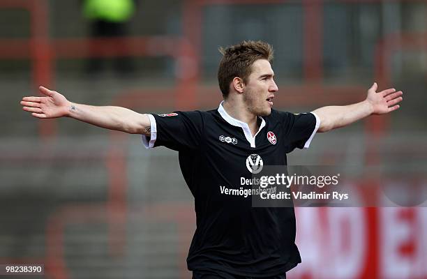 Erik Jendrisek of Kaiserslautern celebrates after scoring his team's first goal during the Second Bundesliga match between Rot-Weiss Oberhausen and...
