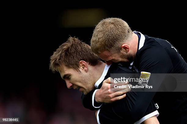 Erik Jendrisek of Kaiserslautern celebrates with his team mate Adam Nemec after scoring his team's first goal during the Second Bundesliga match...