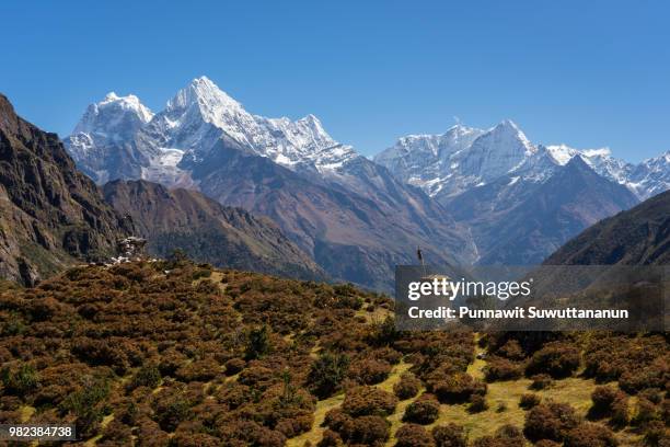 beautiful himalayas mountain view from thame village, everest region, nepal - kangtega stock pictures, royalty-free photos & images