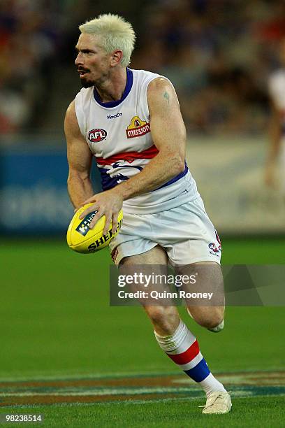 Jason Akermanis of the Bulldogs prepares to kick during the round two AFL match between the Richmond Tigers and the Western Bulldogs at the Melbourne...