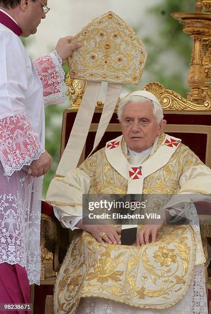 Pope Benedict XVI celebrates Easter Holy Mass in St Peter's Square on April 4, 2010 in Vatican City, Vatican. The ceremony began with Cardinal Angelo...