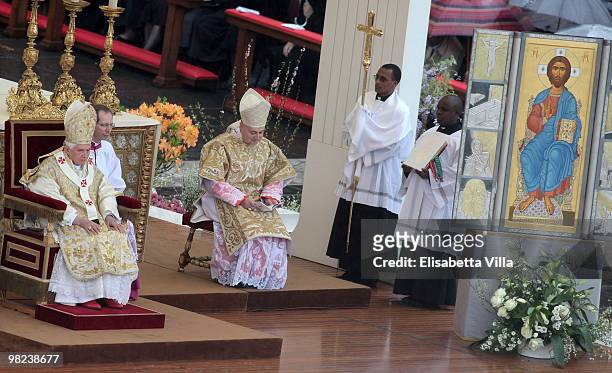 Pope Benedict XVI celebrates Easter Holy Mass in St Peter's Square on April 4, 2010 in Vatican City, Vatican. The ceremony began with Cardinal Angelo...
