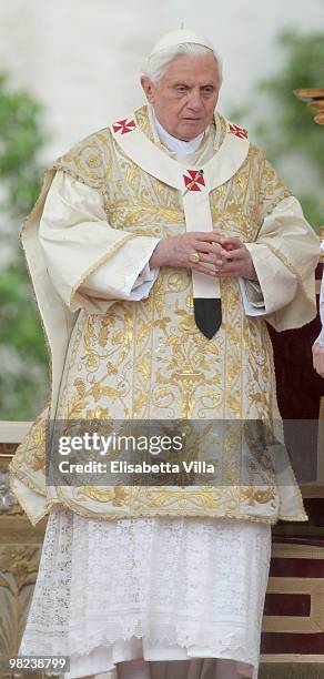 Pope Benedict XVI celebrates Easter Holy Mass in St Peter's Square on April 4, 2010 in Vatican City, Vatican. The ceremony began with Cardinal Angelo...