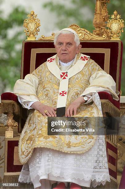 Pope Benedict XVI celebrates Easter Holy Mass in St Peter's Square on April 4, 2010 in Vatican City, Vatican. The ceremony began with Cardinal Angelo...