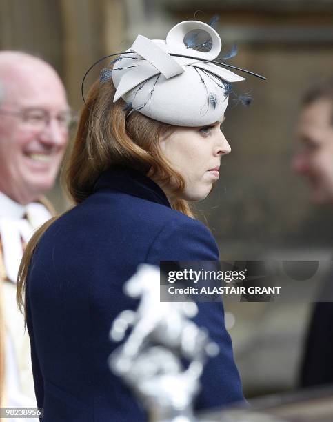 Princess Beatrice, the elder daugther of Prince Andrew, arrives St George chapel for an Easter Sunday church service in Windsor on April 4, 2010. AFP...