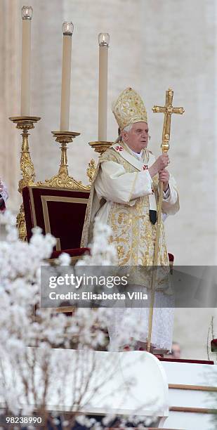 Pope Benedict XVI celebrates Easter Holy Mass in St Peter's Square on April 4, 2010 in Vatican City, Vatican. The ceremony began with Cardinal Angelo...