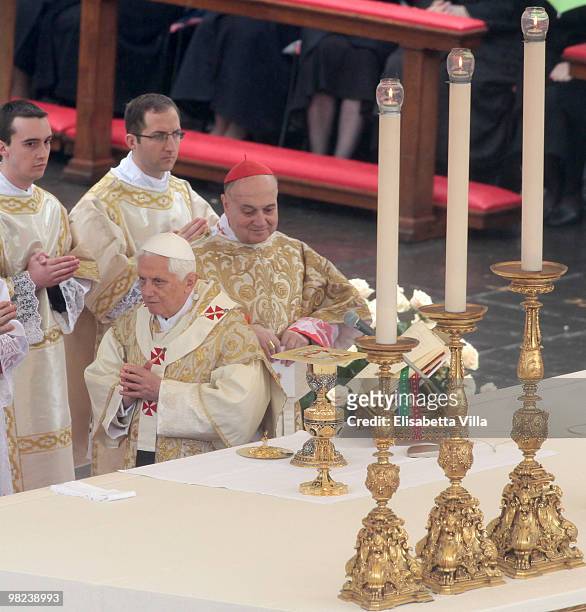 Pope Benedict XVI celebrates Easter Holy Mass in St Peter's Square on April 4, 2010 in Vatican City, Vatican. The ceremony began with Cardinal Angelo...