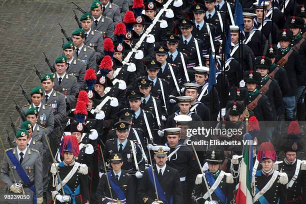 Members of Italian Armed Forces stand in St Peter's Square during the Easter Holy Mass on April 4, 2010 in Vatican City, Vatican. The ceremony began...