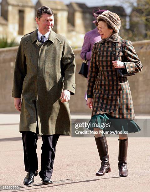 Admiral Tim Laurence and HRH Princess Anne, The Princess Royal attend the traditional Easter Sunday church service at St. George's Chapel on April 4,...