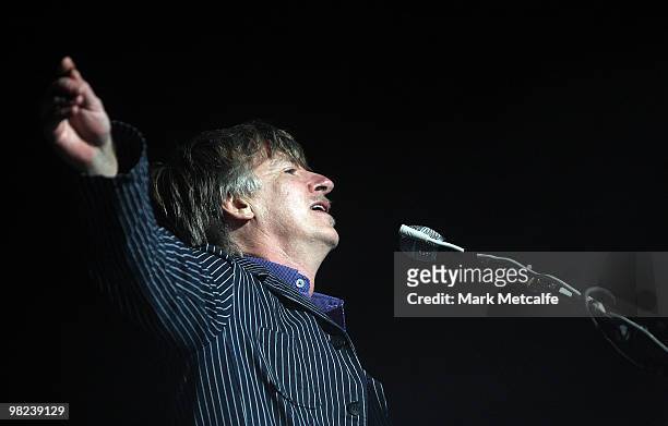 Neil Finn of Crowded House performs on stage during Day 4 of Bluesfest 2010 at Tyagarah Tea Tree Farm on April 4, 2010 in Byron Bay, Australia.