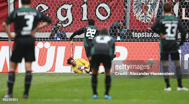 Goalkeeper Simon Jentzsch of Ausgburg safes a penalty by Sami Allagui during the Second Bundesliga match between FC Augsburg and SpVgg Greuther...