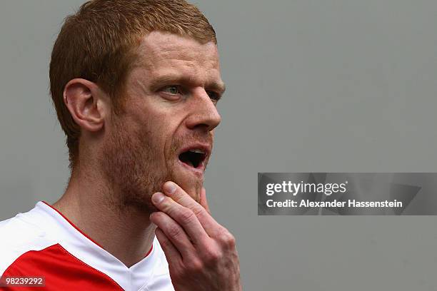 Uwe Moehrle of Ausgburg looks on prior to the Second Bundesliga match between FC Augsburg and SpVgg Greuther Fuerth at Impuls Arena on April 4, 2010...