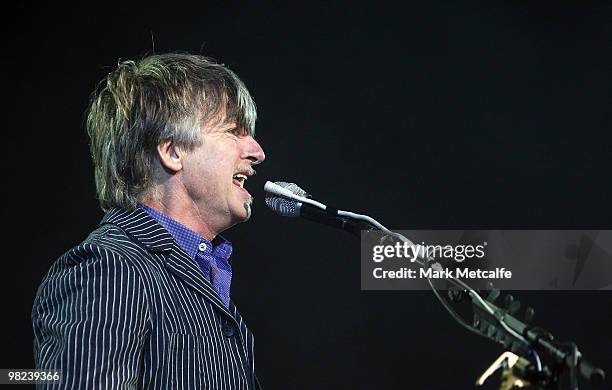 Neil Finn of Crowded House performs on stage during Day 4 of Bluesfest 2010 at Tyagarah Tea Tree Farm on April 4, 2010 in Byron Bay, Australia.