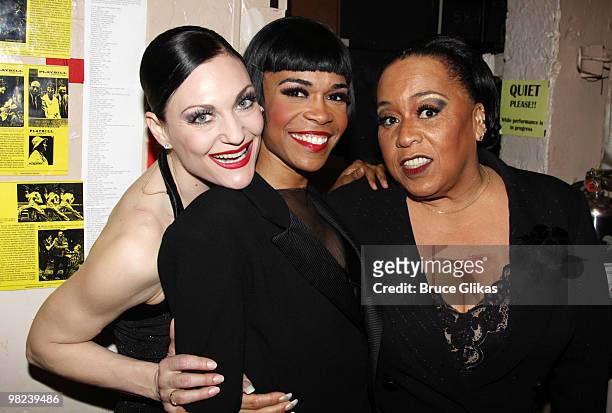 Terra C. MacLeod as "Velma Kelly", Michelle Williams as "Roxie Hart" and Roz Ryan as "Mama Morton" pose backstage at the musical "Chicago" on...