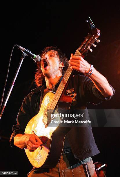 Eugene Hutz of Gogol Bordello performs on stage during Day 4 of Bluesfest 2010 at Tyagarah Tea Tree Farm on April 4, 2010 in Byron Bay, Australia.