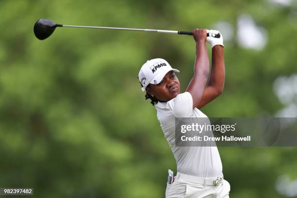 Mariah Stackhouse plays her tee shot on the 16th hole during the second round of the Walmart NW Arkansas Championship Presented by P&G at Pinnacle...