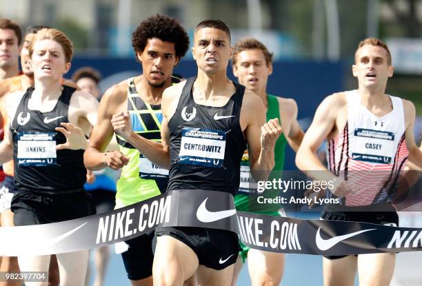 Matthew Centrowitz clelebrates as he wins the Mens 1500 Meter Final during day 3 of the 2018 USATF Outdoor Championships at Drake Stadium on June 23,...