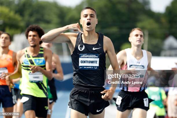 Matthew Centrowitz clelebrates as he wins the Mens 1500 Meter Final during day 3 of the 2018 USATF Outdoor Championships at Drake Stadium on June 23,...