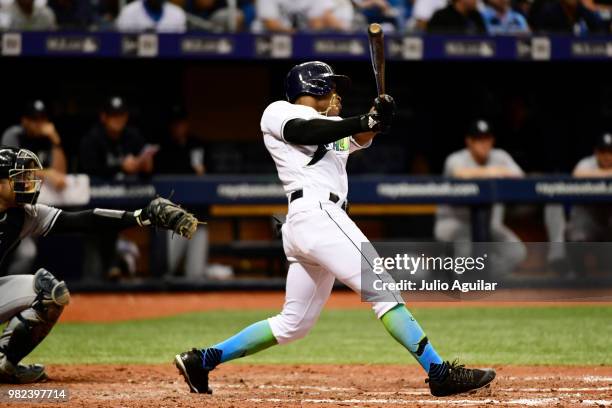 Mallex Smith of the Tampa Bay Rays hits a double in the eighth inning against the New York Yankees on June 23, 2018 at Tropicana Field in St...