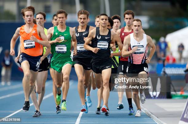 Matthew Centrowitz leads the pack on his way to win the Mens 1500 Meter Final during day 3 of the 2018 USATF Outdoor Championships at Drake Stadium...