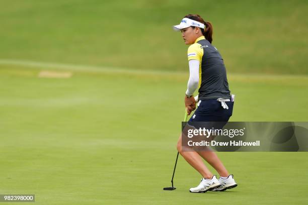 So Yeon Ryu of South Korea reacts to missing a putt on the 15th hole during the second round of the Walmart NW Arkansas Championship Presented by P&G...