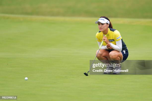 So Yeon Ryu of South Korea lines up a putt on the 15th hole during the second round of the Walmart NW Arkansas Championship Presented by P&G at...