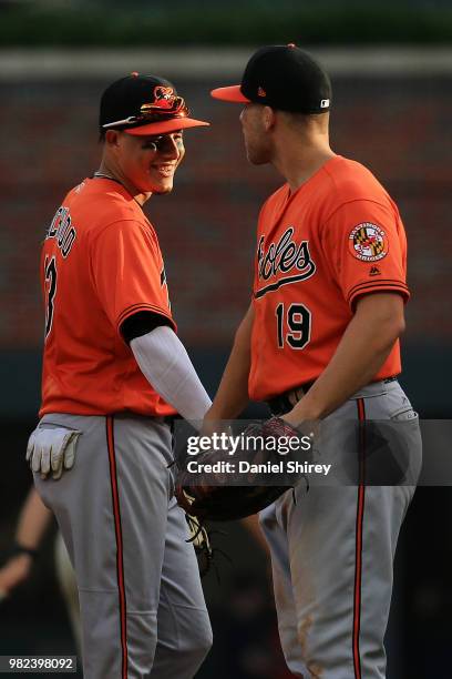 Manny Machado and Chris Davis of the Baltimore Orioles celebrate beating the Atlanta Braves at SunTrust Park on June 23, 2018 in Atlanta, Georgia.