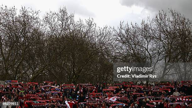Kaiserslautern fans are seen during the Second Bundesliga match between Rot-Weiss Oberhausen and 1. FC Kaiserslautern at Niederrhein Stadium on April...