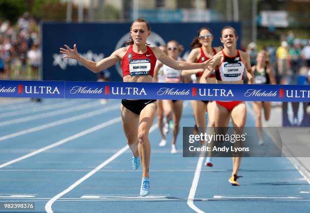 Shelby Houlihan celebrates as she wins the Womens 1500 Meter Final during day 3 of the 2018 USATF Outdoor Championships at Drake Stadium on June 23,...