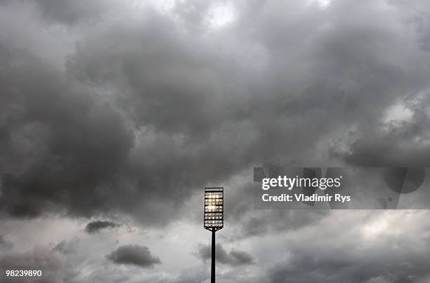 Lightning mast is pictured during the Second Bundesliga match between Rot-Weiss Oberhausen and 1. FC Kaiserslautern at Niederrhein Stadium on April...