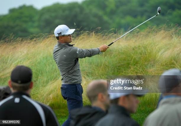 Zach Johnson plays a tee shot on the third hole during the third round of the Travelers Championship at TPC River Highlands on June 23, 2018 in...